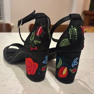 Steve Madden Merlys Satin Black Block Heel with Red Beaded Detail Size 7